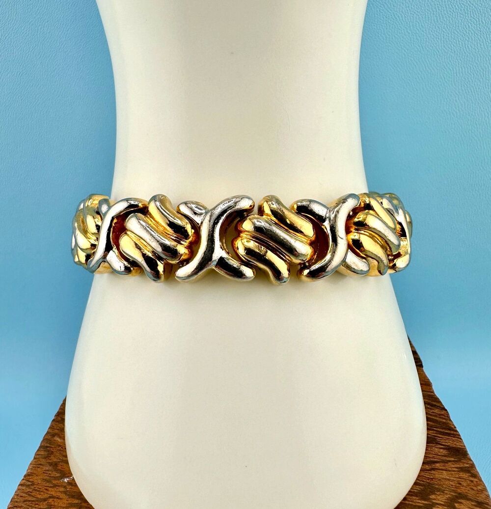 Vintage Chunky Two Tone Link Bracelet Crisscross Gold Silver Tone 6.75" 1990s
